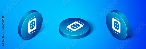 Isometric Knee pads icon isolated on blue background. Extreme sport. Skateboarding, bicycle, roller skating protective gear. Blue circle button. Vector
