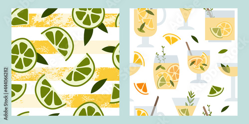Fresh lemonade, soda, mojito, cocktail, juice. Lemon, lime, mint, mandarin, orange. Summer fruit, tropical citrus background, cold drink. Vector flat cartoon illustration, seamless pattern