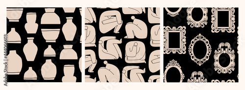 Decorative Frames or borders. Strange creatures. Antique vases. Hand drawn trendy Vector seamless Patterns. Set of three Abstract Backgrounds, wallpapers. Textile prints templates