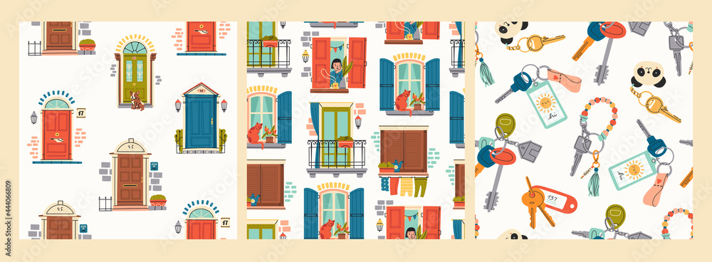 Set of three seamless Patterns. Front Doors. Various windows. Keys with different Keychains. Home Entrance. Home rental, property, real estate concept. Hand drawn colored Vector illustrations