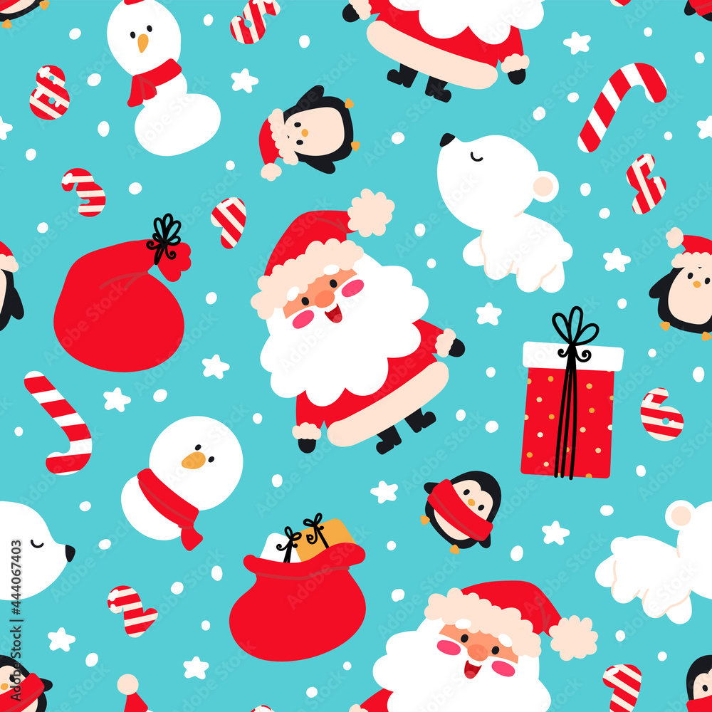 Cute seamless pattern with Santa Claus, penguins and other Christmas attributes. Perfect for wrapping paper