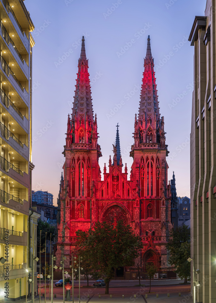 View of St. Nicholas Roman Catholic Cathedral with beautiful llumination and before sunrise, Kyiv, Ukraine