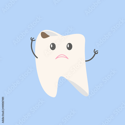 Cartoon tooth with caries on a blue background. Sad little man. Vector graphics.
