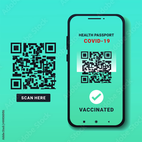 Health passport of vaccination on smartphone screen. Digital passport. Scan phone with QR code vaccine coronavirus. Illustration vector 