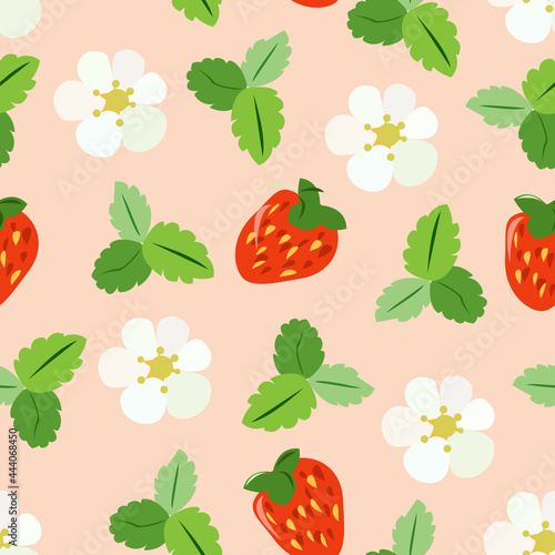 Seamless pattern with strawberries, flowers and leaves.
