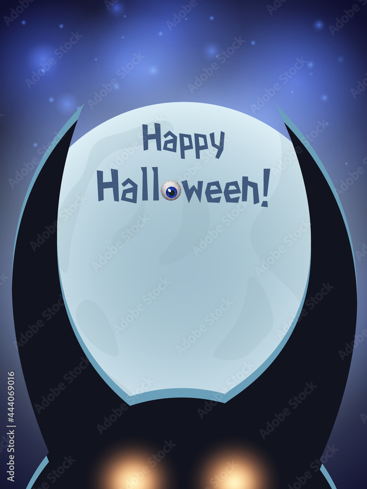 Blue shining Halloween card with silhouette of dark horned demon and moon Blue shining Halloween card with silhouette of dark horned demon and moon