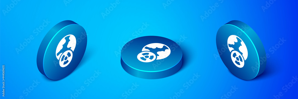 Isometric Planet earth and radiation symbol icon isolated on blue background. Environmental concept. Blue circle button. Vector Isometric Planet earth and radiation symbol icon isolated on blue background. Environmental concept. Blue circle button. Vector