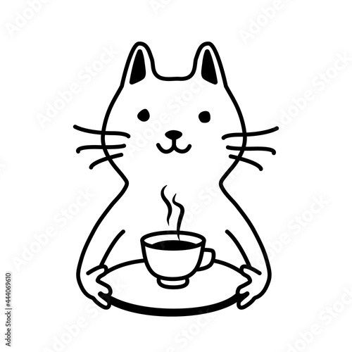 Cute smiling cat serves you coffee or tea on a tray. Coffee in bed. Simple animalistic black and white linear doodle illustration isolated on white background. Coffee time. 