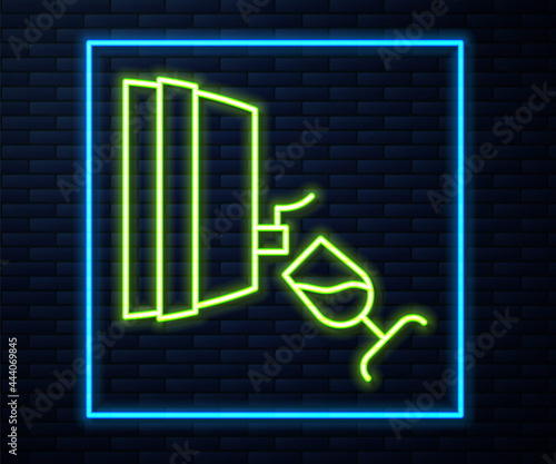 Glowing neon line Wine tasting, degustation icon isolated on brick wall background. Wooden barrel for wine with glass. Vector