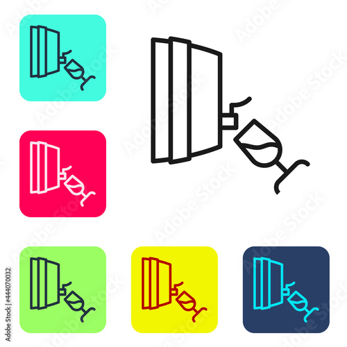 Black line Wine tasting, degustation icon isolated on white background. Wooden barrel for wine with glass. Set icons in color square buttons. Vector