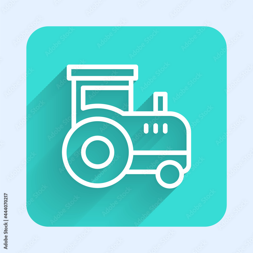 White line Tractor icon isolated with long shadow background. Green square button. Vector White line Tractor icon isolated with long shadow background. Green square button. Vector