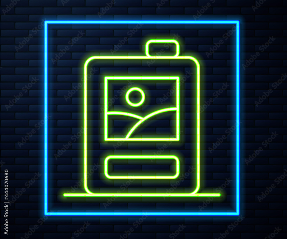 Glowing neon line Cardboard box of wine icon isolated on brick wall background. Vector Glowing neon line Cardboard box of wine icon isolated on brick wall background. Vector