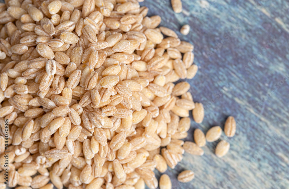 Obraz premium Pile of Barley Wheat on a Rustic Blue Table