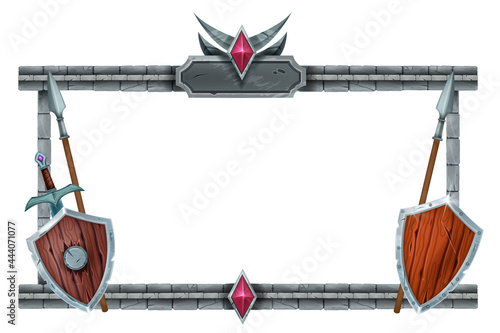Stone game frame, brick medieval RPG interface menu, wooden knight shield, spear, metal sword. Fantasy warrior quest panel, ancient Viking decorative border. Weapon game frame window design element
