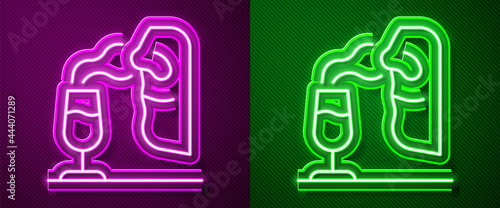 Glowing neon line Sommelier icon isolated on purple and green background. Wine tasting  degustation. Smells of wine. Vector