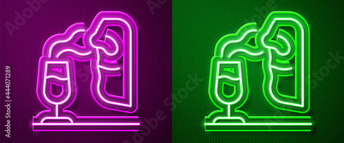 Glowing neon line Sommelier icon isolated on purple and green background. Wine tasting, degustation. Smells of wine. Vector