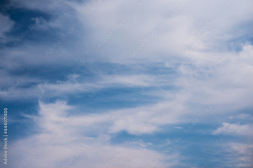 Scattered cloud clusters in a blue sky, blue sky background with white clouds,