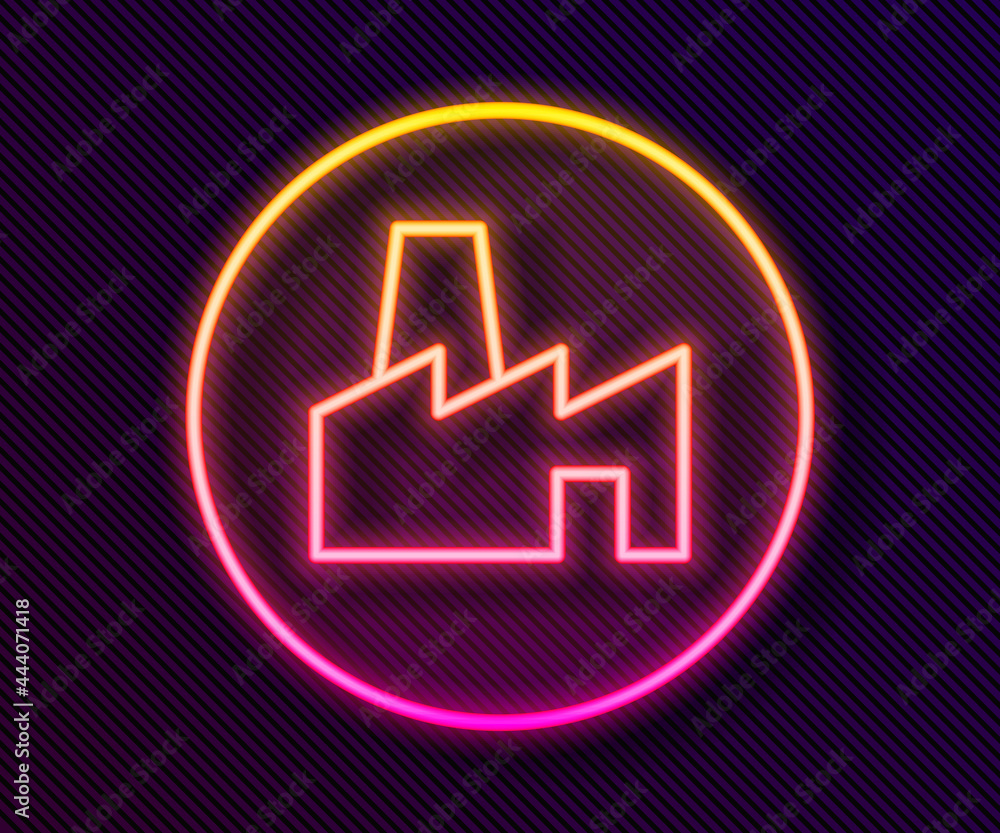 Glowing neon line Factory production icon isolated on black background. Industrial building. Vector Glowing neon line Factory production icon isolated on black background. Industrial building. Vector
