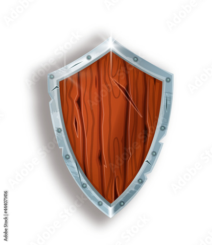Wooden game shield, vector fantasy medieval warrior armor illustration, cartoon knight safe inventory. Security military object, RPG icon design, isolated on white. Vintage game shield UI element