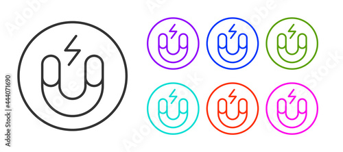 Black line Magnet icon isolated on white background. Horseshoe magnet, magnetism, magnetize, attraction. Set icons colorful. Vector