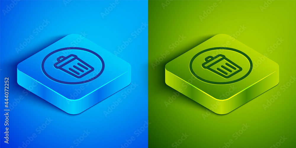 Isometric line Trash can icon isolated on blue and green background. Garbage bin sign. Recycle basket icon. Office trash icon. Square button. Vector Isometric line Trash can icon isolated on blue and green background. Garbage bin sign. Recycle basket icon. Office trash icon. Square button. Vector