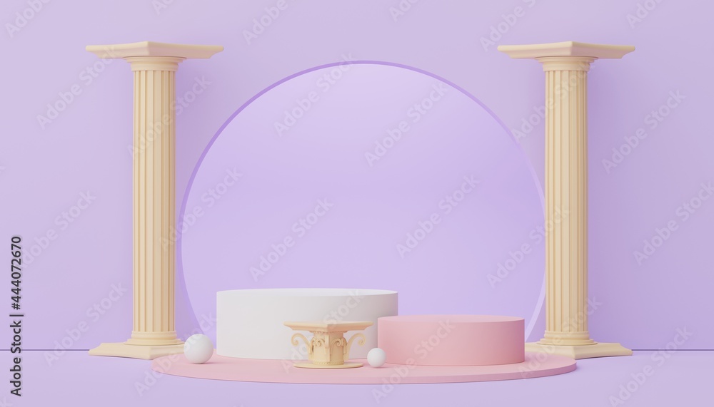 3d render of Abstract minimal display podium with Greek Ancient baroque pillar background. Pedestal design for mock up and product presentation. Clean pastel color scene. 3d render of Abstract minimal display podium with Greek Ancient baroque pillar background. Pedestal design for mock up and product presentation. Clean pastel color scene.
