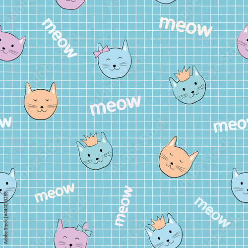 Cat seamless pattern. Children's cartoon characters. Cute kittens with accessories: in a crown, with a bow. Pastel palette. Blue background with a cell.