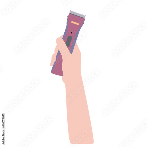 A hair clipper in the hand of a hair stylist. The hairdresser holds the tool. A color image on a white background.