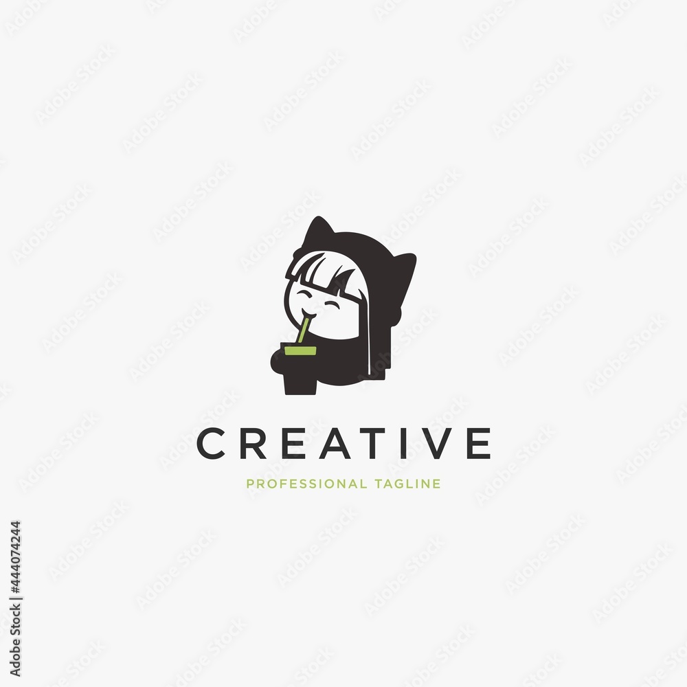 Coffee cup with women face logo vector. Coffee shop logo design. Stock