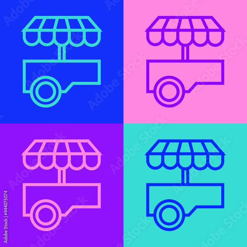 Pop art line Fast street food cart with awning icon isolated on color background. Urban kiosk. Vector