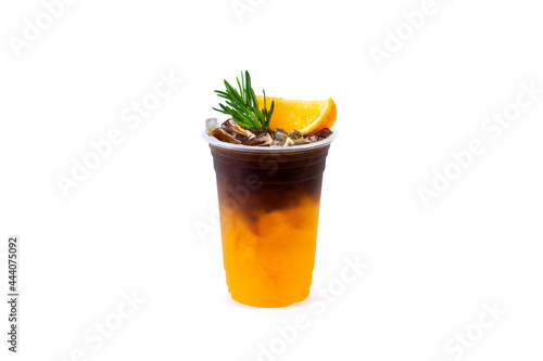 Iced americano black coffee mix of orange juice isolated on white background.