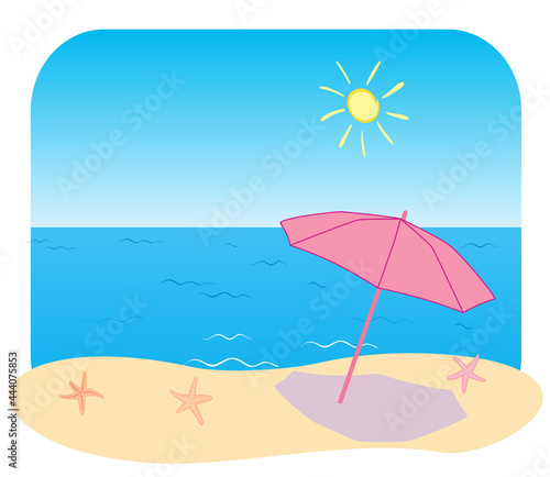 blue sea and beach with sun umbrella - vector illustration of summer vacation
