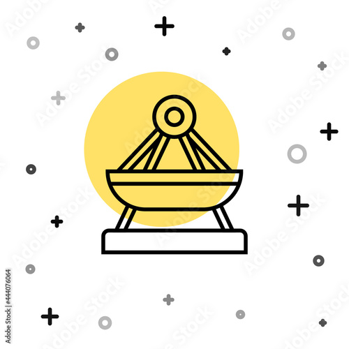 Black line Boat swing icon isolated on white background. Childrens entertainment playground. Attraction riding ship, swinging boat. Amusement park. Random dynamic shapes. Vector