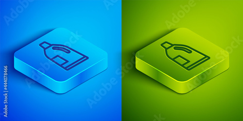 Isometric line Plastic bottle for laundry detergent, bleach, dishwashing liquid or another cleaning agent icon isolated on blue and green background. Square button. Vector