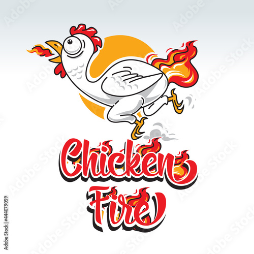 chicken logo for spicy chicken food product with image of chicken running on fire