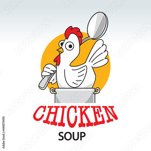 food logo with an image of a chicken on a pan holding a ladle. vector