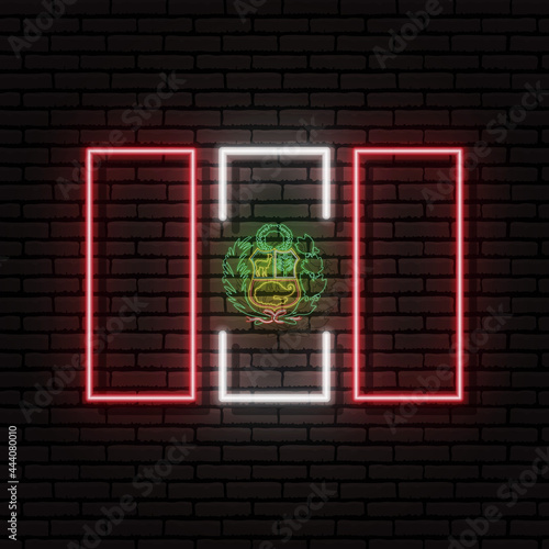 Neon sign in the form of the flag of republic of Peru. Against the background of a brick wall with a shadow. For the design of tourist or patriotic themes. South America