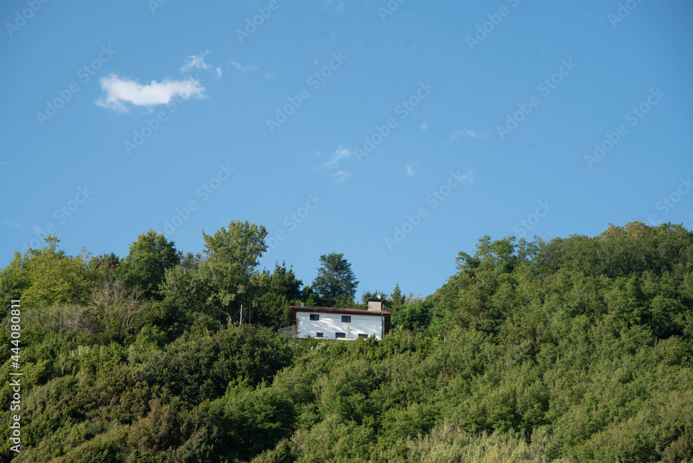 Una casa blanca en me dio del monte con arboles al rededor con el cielo azul en un dia verano