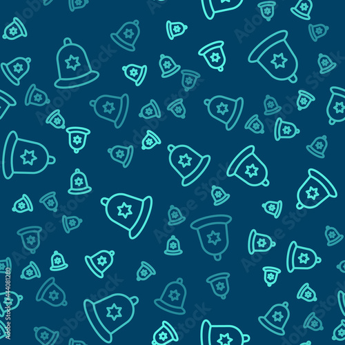 Green line British police helmet icon isolated seamless pattern on blue background. Vector