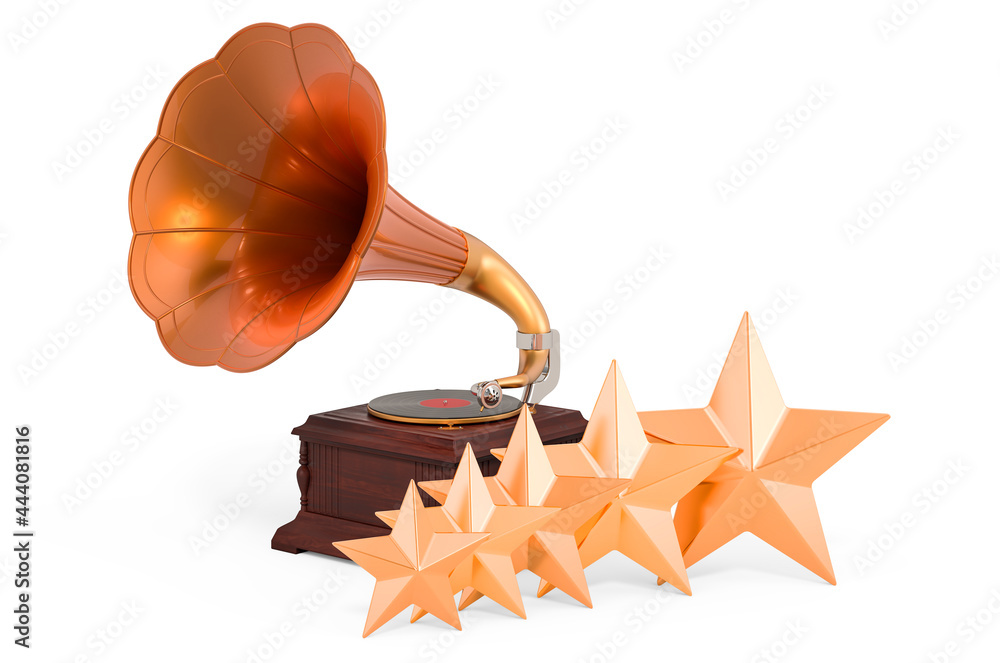 Retro phonograph, vintage gramophone with five golden stars. Customer ...