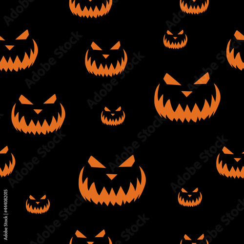 Vector pattern of scary Halloween faces orange on a black background. Suitable for gift wrapping paper, website design, Halloween paraphernalia