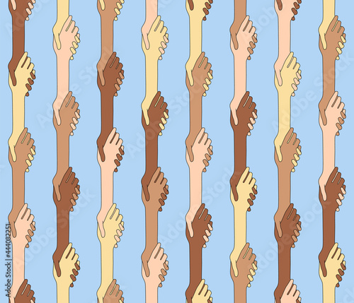 Seamless pattern of hands of people with different skin color. Hands of different races are holding each other.