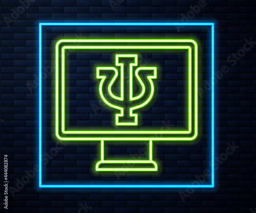Glowing neon line Online psychological counseling distance icon isolated on brick wall background. Psychotherapy, psychological help, psychiatrist online consulting. Vector