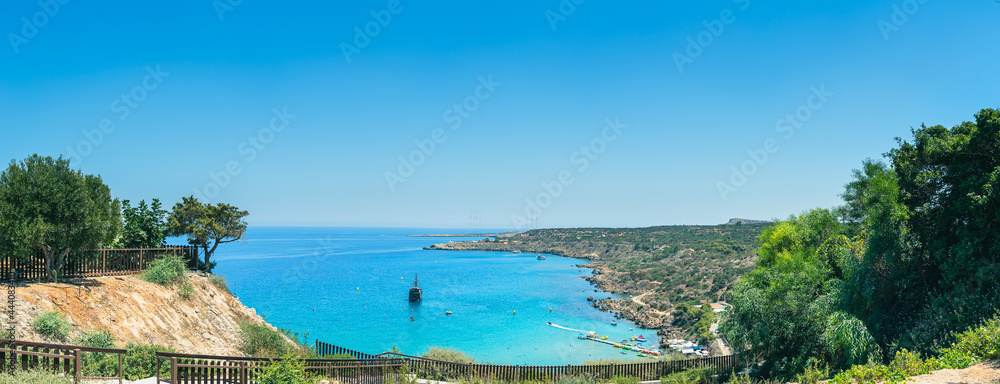 Panoramic view on amazing blue sea near Cape Greco on Cyprus island, Mediterranean Sea. Blue Lagoon