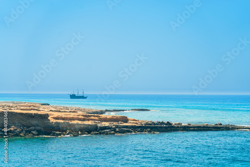 Beautiful blue sea water near of Ayia Napa on Cyprus island, Mediterranean Sea. Amazing blue green sea and sunny day