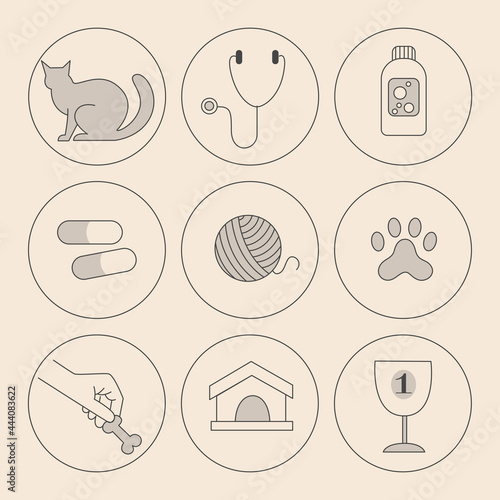 Set of minimalistic linear vector icons. Animals, pets, veterinary medicine, treatment and care. Grooming, medicine, food. Icons for a zoological shop or veterinary clinic.