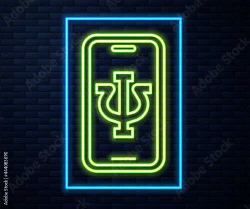 Glowing neon line Online psychological counseling distance icon isolated on brick wall background. Psychotherapy, psychological help, psychiatrist online consulting. Vector