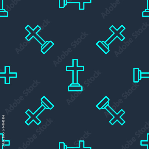 Green line Man graves funeral sorrow icon isolated seamless pattern on blue background. The emotion of grief, sadness, sorrow, death. Vector
