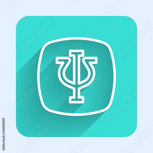 White line Psychology icon isolated with long shadow background. Psi symbol. Mental health concept, psychoanalysis analysis and psychotherapy. Green square button. Vector