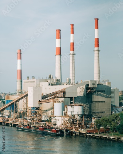 A power plant with with smoke stacks, seen from the Ed Koch Queensboro Bridge, New York City